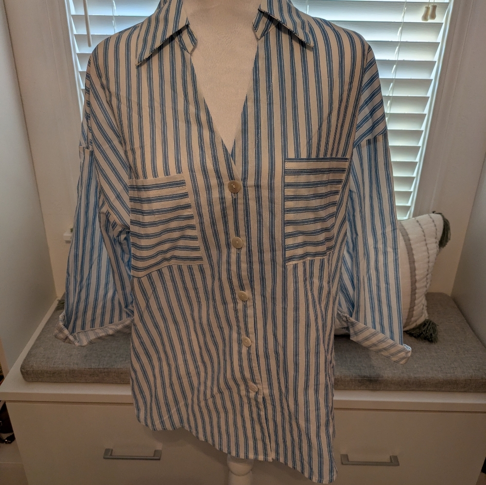 Blue and White Striped Button Down Shirt